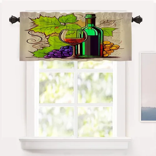 Vista 92 de Shrahala Cortinas opacas con diseño de uvas maduras de dibujos animados, copa de vino y botella, cenefa de cocina, cortinas de bloqueo de luz