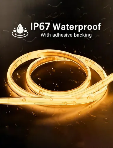 Vista 2 de Tira de luces LED COB de 20 pies para exteriores IP67 impermeable, 6M, CC flexible 24V, control remoto y aplicación, regulable, blanco cálido 3000