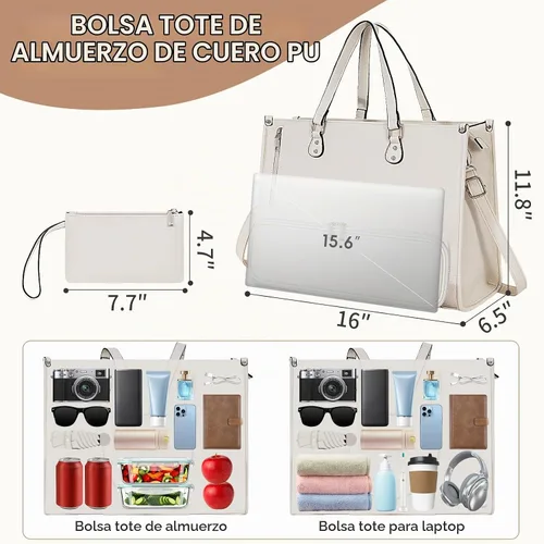 Vista 4 de Laptop Tote Bag for Women, Large Leather Computer Bag for Business Work Beige - Almuerzo