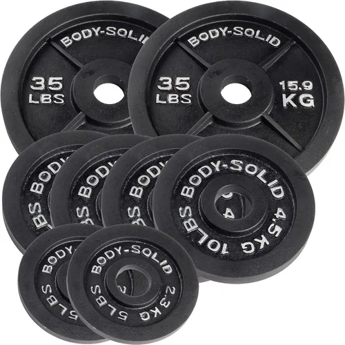 Vista 7 de Body-Solid Juego de platos olímpicos de hierro fundido, placas de mancuernas con agujero estándar de 2 pulgadas para todos los tipos de pesas