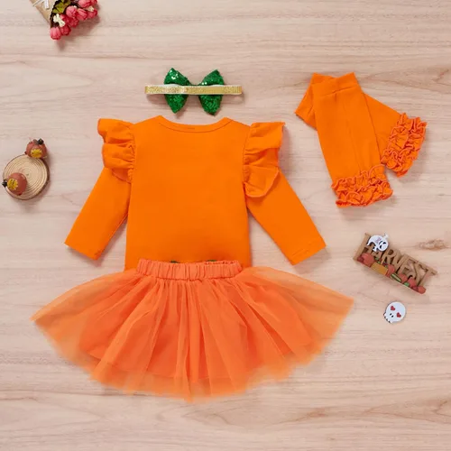 Vista 2 de Disfraz de Halloween para bebé niña con volantes de manga larga con fantasma de calabaza + falda tutú de tul, calentador de piernas + diadema