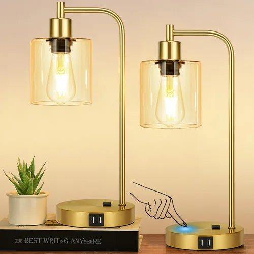 Vista 10 de Juego de 2 lámparas de mesa con control táctil industrial - Lámparas de mesita de noche en níquel cepillado con 2 puertos USB y enchufe de CA