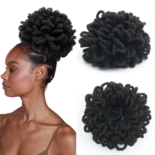 Vista 13 de Moños de Cola de Caballo con Cordón Negro Marrón Loc para Mujeres Negras Moño Rizado de Pétalo Loc Cola de Caballo de Rastas Trenzas Faux Locs Moño