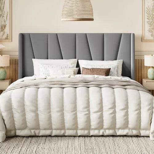 Vista 19 de SHA CERLIN Base de cama tamaño Queen con cabecera geométrica con respaldo de ala, plataforma tapizada con soporte de listones de madera, espacio Gris