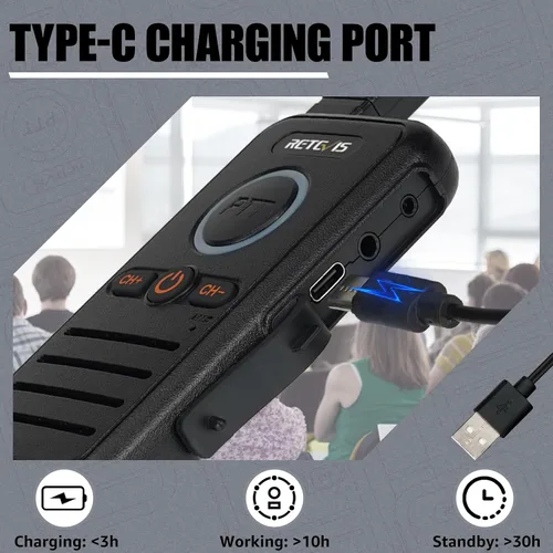 Vista 4 de Retevis RB45 Walkie Talkies - Paquete de 8 unidades, radio bidireccional recargable de largo alcance, doble PTT, indicador, sonido fuerte, mini