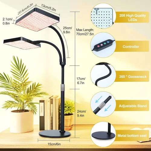 Vista 5 de FECiDA Luz de crecimiento de escritorio de 2 cabezales de 50 W, luces de cultivo de mesa para plantas de interior de espectro completo, temporizador