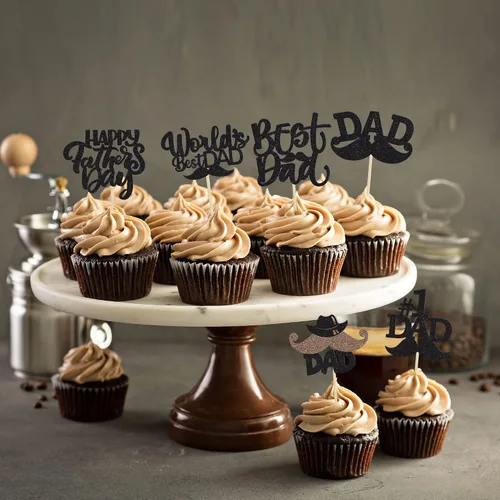 Vista 5 de Gyufise 24 piezas de decoración para cupcakes con bigote con purpurina negra del mundo para el mejor papá del mundo, decoraciones para el Día