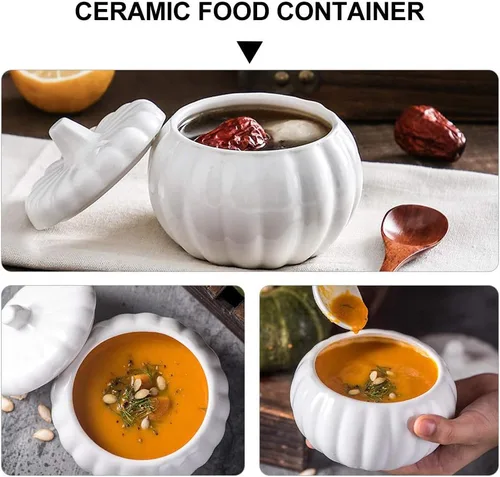 Vista 8 de BESTonZON Cuenco de sopa de cerámica con tapa de 4.13 pulgadas cubierto para estofado, plato de porcelana para postres de calabaza y guisos, vajilla