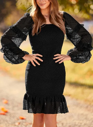 Vista 4 de PRETTYGARDEN Vestido corto ajustado fruncido para mujer, manga larga, cuello cuadrado, lunares suizos, volantes, vestido elegante de sirena