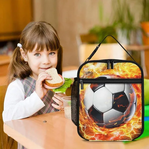Vista 2 de Fiambrera de fútbol – Bolsa de almuerzo de fútbol reutilizable para mujeres, hombres y niños – Pequeña lonchera portátil plegable aislada