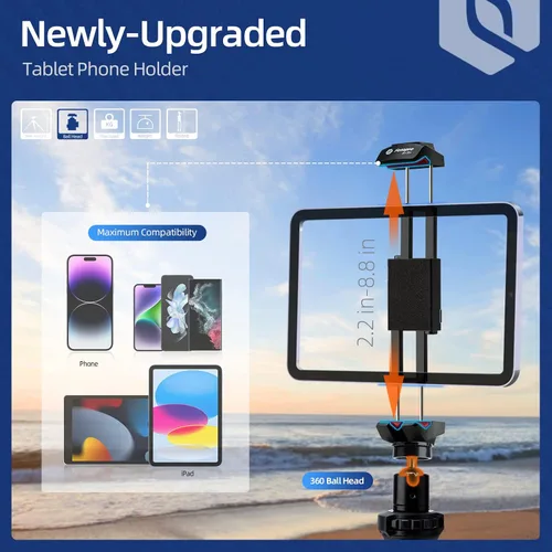 Vista 4 de Fotopro Soporte de trípode para iPad con cabezal de bola 360 para cámara, teléfono, tableta y más, zapata fría, soporte flexible para tableta
