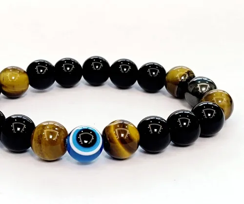 Vista 58 de Pulseras de triple protección con piedra de ojo de tigre de obsidiana negra con hematita para hombres y mujeres, pulsera de piedra curativa