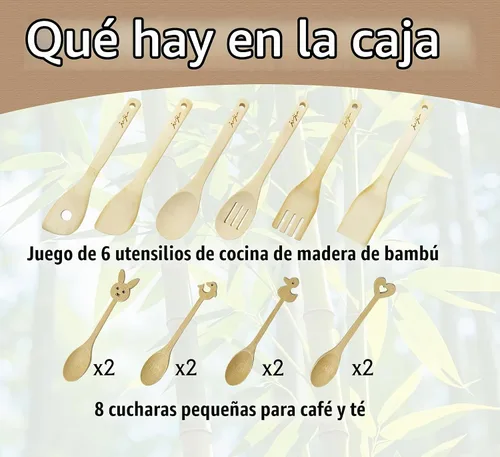 Vista 6 de Juego de utensilios de cocina de madera de bambú de 14 piezas, 6 herramientas de cocina resistentes al calor antiarañazos con agujeros