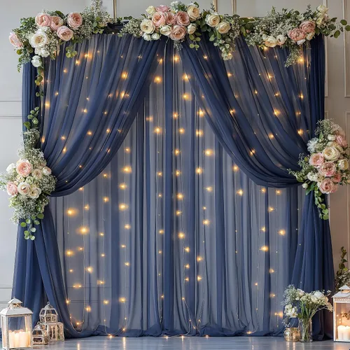 Vista 41 de Cortina de telón de fondo de tul azul bebé de 10 x 8 pies con cadena de luces para fiestas, cortinas de fondo transparentes para bodas, baby shower