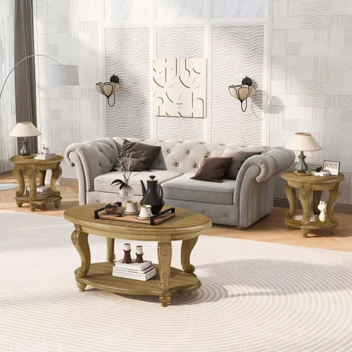 Vista 13 de Mesa de café ovalada de madera para sala de estar, mesa de café de dos niveles de madera maciza con estante de almacenamiento abierto, mesa