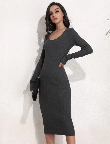 Vista 4 de Rocorose Vestido de suéter de cuello redondo para mujer, elástico, ajustado, vestido ajustado de punto