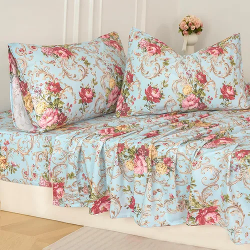 Vista 26 de Zusbest Juego de sábanas florales de 100 % algodón percal, color naranja y amarillo, juego de sábanas suaves y transpirables con diseño botánico