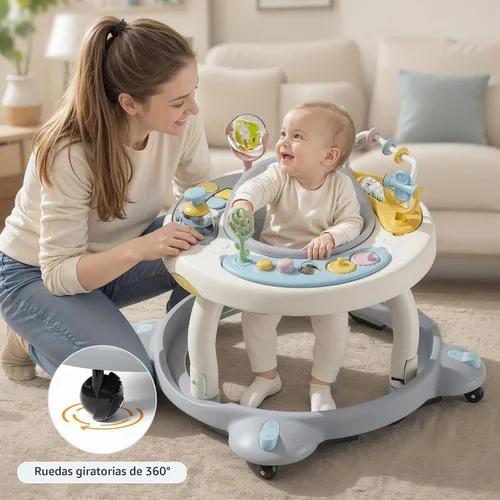 Vista 8 de Andador de bebé con ruedas, andador plegable para bebés de 6 a 12 meses, asiento giratorio de 3 posiciones con centro de actividad interactivo Gris