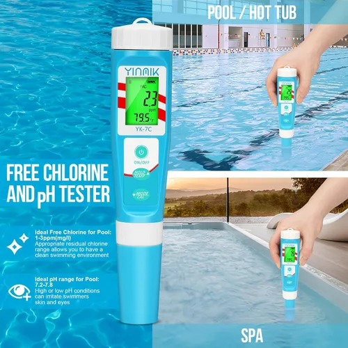 Vista 2 de 7 in 1 Chlorine Meter Digital Chlorine pH Tester Salt pH Meter for Saltwater Pool pH Conductivity for Hydroponic Drink Water TDS Meter YINMIK pH
