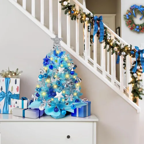Vista 6 de Árbol de Navidad Mini de 2 pies, árboles de Navidad pequeños de mesa con 60 luces LED, 100 ramas realistas y 66 adornos, árbol de Navidad
