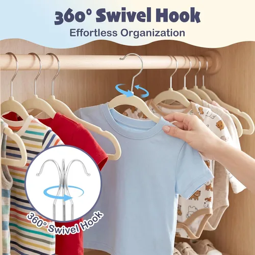 Vista 8 de HOUSE DAY Perchas de terciopelo para bebés de 11 pulgadas, paquete de 50 perchas color beige de primera calidad para niños, ropa de bebés y niños