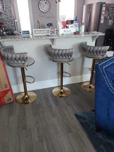 Vista 8 de Taburetes de bar modernos de terciopelo, juego de 3 taburetes de bar giratorios de 360°, altura de mostrador, taburetes de cocina para isla sillas