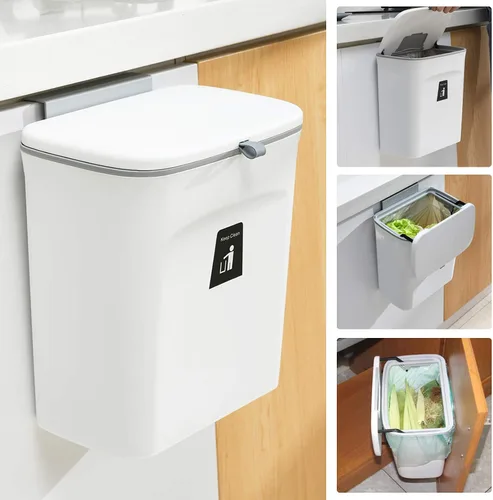 Vista 10 de Tiyafuro Cubo de compost de cocina de 2.4 galones para encimera o debajo del fregadero, cubo de basura pequeño colgante con tapa para armario, baño