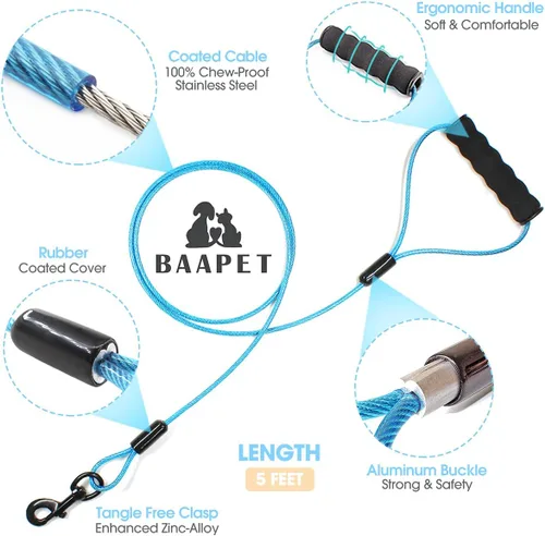 Vista 2 de BAAPET Correa de perro a prueba de mordidas de 5 pies con cable de acero recubierto y correas de perro con mango acolchado suave para perros