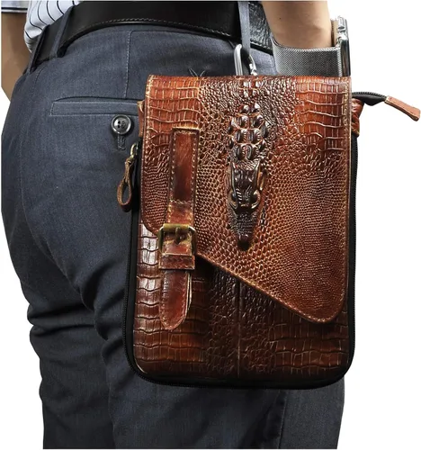 Vista 2 de Le'aokuu Riñonera de cuero genuino para hombre, bolso de hombro pequeño mensajero para teléfono, cinturón, Camel de cocodrilo grande