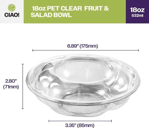 Vista 4 de CIAO! Tazón de fruta y ensalada PET transparente de 18 oz con tapa de cúpula rosa (150/caja)