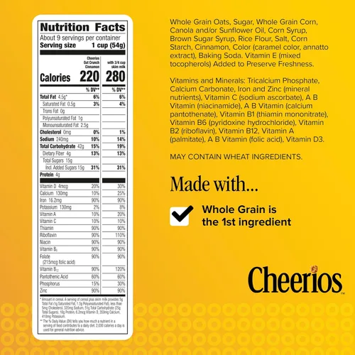 Vista 2 de Cheerios Oat Crunch Cinnamon Cereal de Desayuno, Hecho con Grano Entero, Tamaño Grande, 18.2 oz