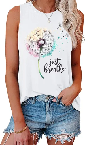 Vista 17 de Hount Camisetas sin mangas para mujer, estilo casual, holgadas, con gráficos, cómodas, para verano, básicas, camisetas tipo túnica 10-beige