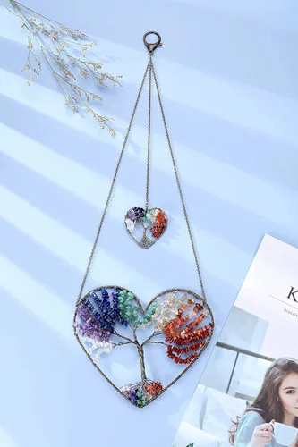 Vista 3 de Jovivi Paquete – 2 artículos de adorno colgante de árbol de la vida de doble corazón, 7 chakras reiki curativo percha + 7 chakras árbol de la vida