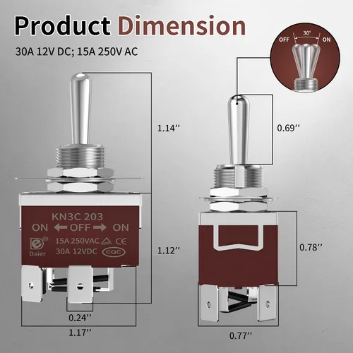 Vista 2 de DaierTek Interruptor de Polaridad Inversa con Enganche 12V 30A Interruptor de Palanca de 3 Posiciones Impermeable DPDT 4 Pines ON OFF ON Interruptor