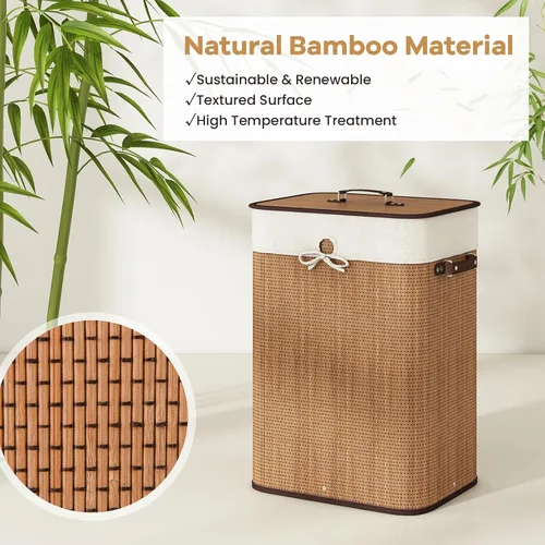 Vista 5 de Cesta de lavandería de bambú Giantex con tapa, cesta grande y alta de 72L para ropa con forro y asas extraíbles, cesta de lavandería rectangular