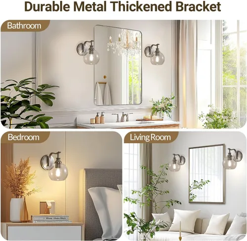 Vista 8 de ANDY STAR Lámparas de baño de níquel cepillado, luces de tocador de 1 luz, apliques modernos de pared de baño con pantalla de vidrio transparente