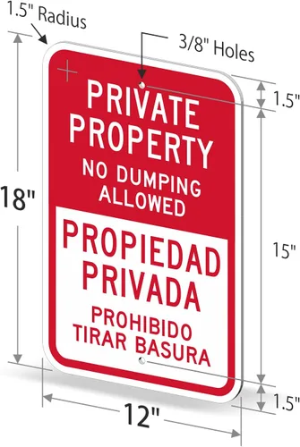 Vista 6 de SmartSign Letrero de metal bilingüe con texto en inglés "Private Property - No Dumping Allowed, Prohibido Tirar Basura" de 18 x 12 pulgadas