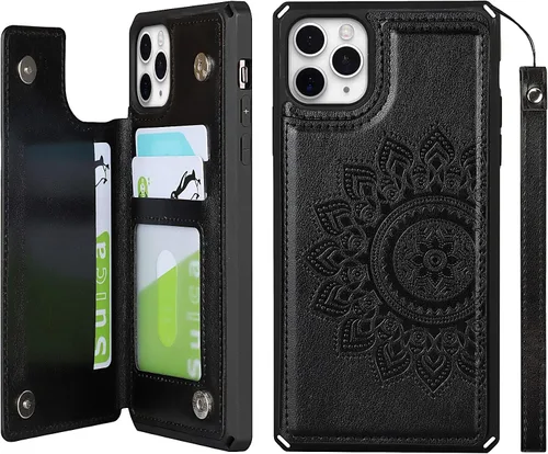 Vista 16 de iCoverCase Funda compatible con iPhone 11 Pro Max con tarjetero para mujer, bloqueo RFID en relieve, piel sintética con correa de muñeca para 11pro