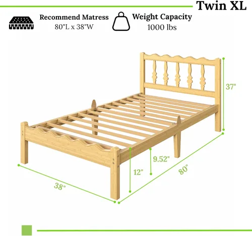 Vista 2 de Marco de cama de bambú individual XL con cabecero, plataforma de madera maciza de 12 pulgadas, marco de cama tamaño individual XL con listones