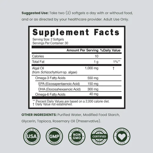 Vista 6 de Aceite de algas vegano Omega 3 (60 cápsulas blandas) DHA EPA a base de plantas, de origen sostenible, sin carragenina, sin OMG, salud del corazón