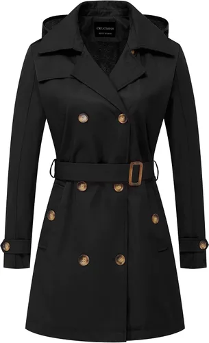Vista 13 de CREATMO US Gabardina para mujer con doble botonadura clásica con solapa, con cinturón y capucha desmontable Albaricoque