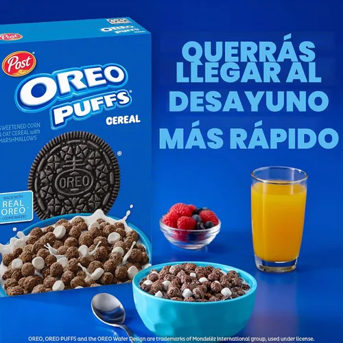 Vista 8 de Post OREO PUFFS® Cereal de desayuno de chocolate, taza de 1 oz, paquete de 12 Bocadillos de chocolate con malvaviscos y rico sabor a galleta