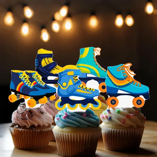 Vista 9 de 48 piezas de decoración para cupcakes de patinaje sobre ruedas, decoraciones de fiesta de cumpleaños para niños, temática de patinaje azul