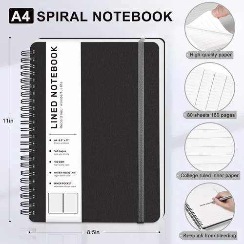 Vista 2 de Cuaderno de diario forrado en espiral, cuaderno A4 de cuero de tapa dura para el trabajo, 8.5 x 11 pulgadas, cuadernos de papel grueso de 100 GSM