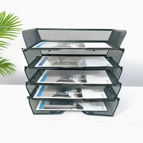 Vista 7 de Organizador de escritorio de malla metálica de 5 niveles, bandejas apilables para suministros de oficina, sistema de almacenamiento de archivos