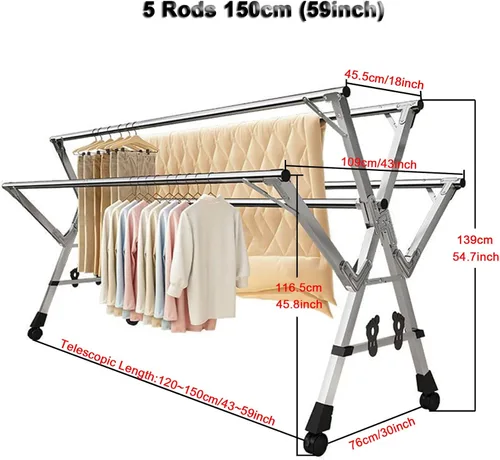 Vista 5 de Estante de secado de ropa plegable para interiores y exteriores, estante de lavandería ajustable y plegable, estante de ropa de acero inoxidable