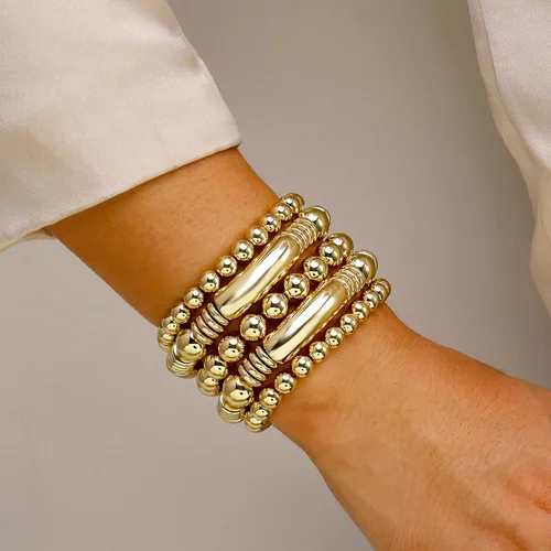 Vista 5 de Brazalete de oro para mujer, grueso, curvado, apilable, chapado en abalorios, pulseras elásticas