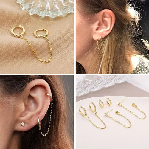 Vista 5 de Juego de aretes y aros chapados en oro de 14 quilates para mujeres y niñas, hipoalergénicos, pequeños, delicados, minimalista, cadena de cartílago