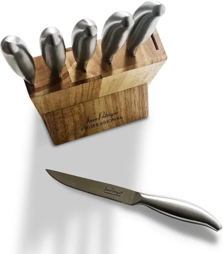 Vista 2 de Jean-Patrique Juego de cuchillos de cocina con bloque – Juego de 6 cuchillos de acero inoxidable con soporte de madera – Aptos para lavavajillas
