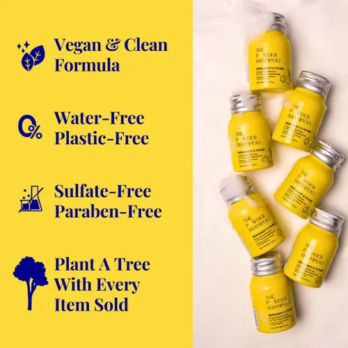 Vista 9 de Champú vigorizante en polvo espumoso para adelgazar el cabello, 20 lavados, vegano, ecológico, bergamota, tomillo, mini botella de aluminio de 0.7